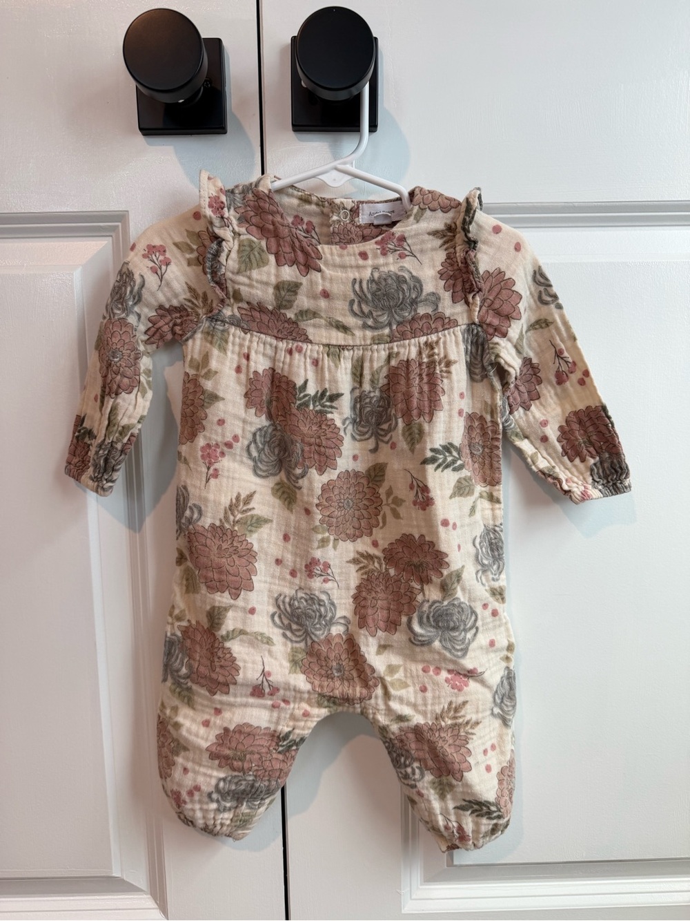 Angel Dear Girls Dahlia Long Sleeve Ruffle Jumpsuit Cotton Floral Size 6-12 Mo
